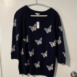 Talbots Navy Sweater with White Butterfly Motif 3/4 Sleeve